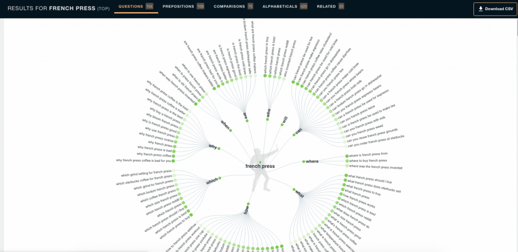 Answer the public report on long tail keywords posted for the guide on small business seo consulting services
