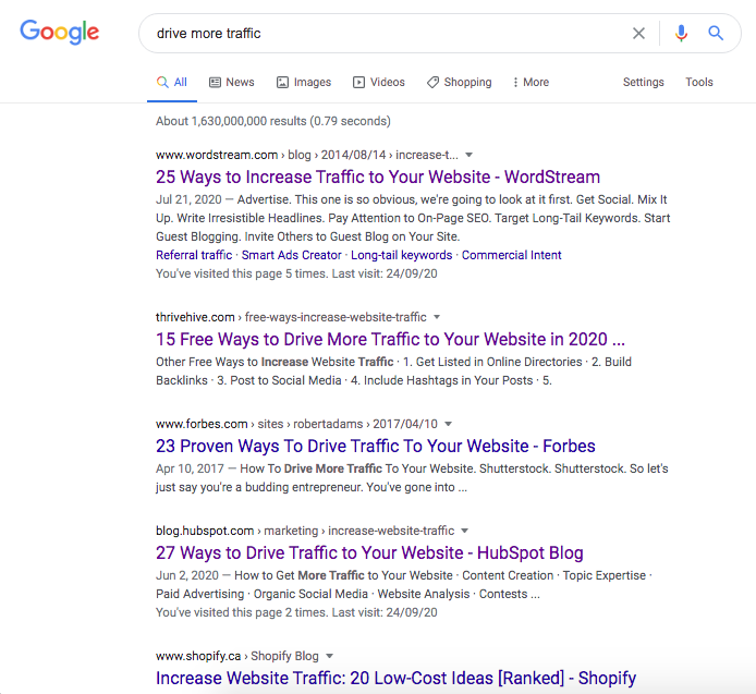 Basic SEO example of how a search term can indicate the best content type to publish for a keyword