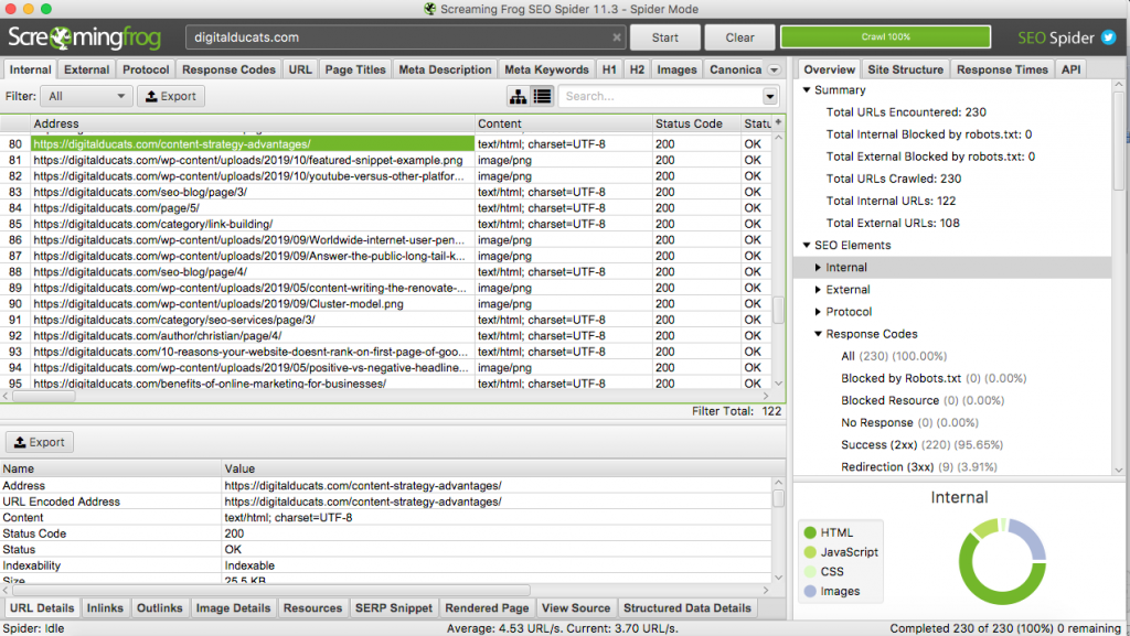 Screenshot of screaming frog running a crawl report in an SEO audit