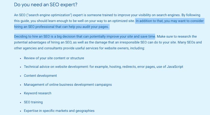 Google start up guide image recommending the hiring of professional SEOs (one of the SEO myths being busted on anyone can do SEO)