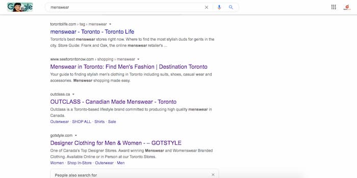SERP for keyword "menswear?