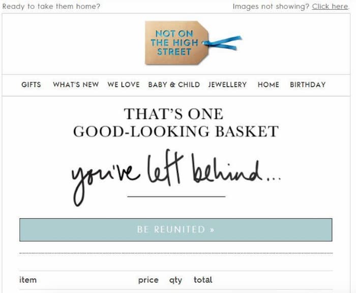 Example of abandoned cart email reminder to increase conversion rates