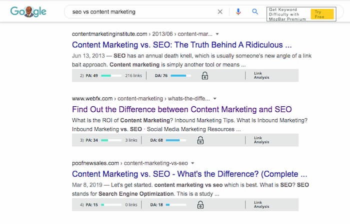 Low authority website ranking on the first page grouped with high DA websites