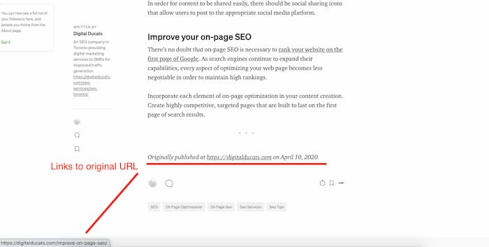 SEO myth that syndicate content gets you penalized is officially busted with this screenshot of an article on Medium giving attribution