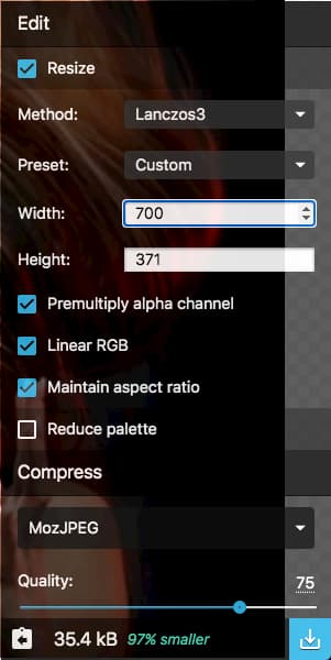 Resizing and compression options for Google Squoosh app