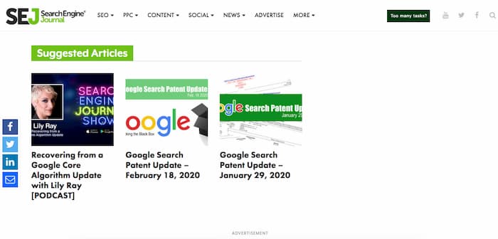 Example of how Search Engine Journal suggests related articles after every one of their articles