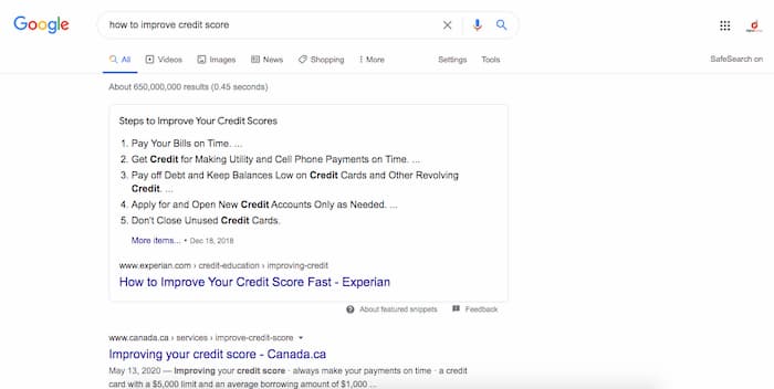 After the Google EAT algorithm the search results page for "how to improve credit score" only displays expert websites