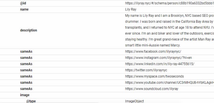 Structured data markup for Lily Ray to connect other web entities and aliases.